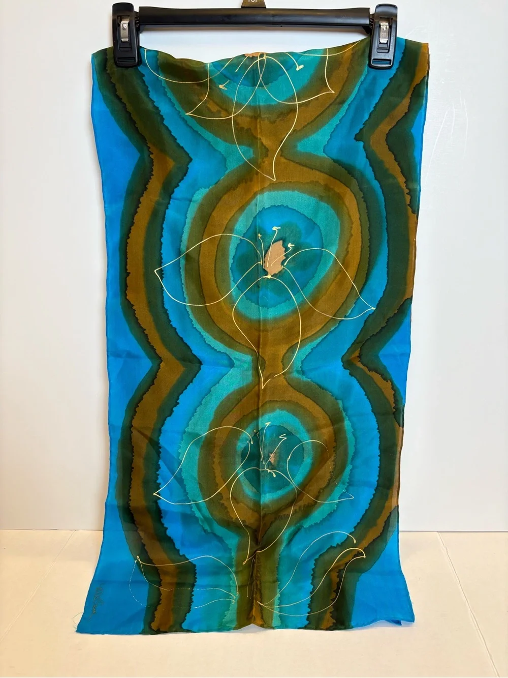 Vintage Luciano Micallef Silk Scarf Hand Painted Blue Green Flower Art Panel 54x